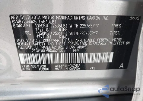 2025 Toyota Rav4 Xle from USA, damaged, VIN 2T3P1RFV9SW521025